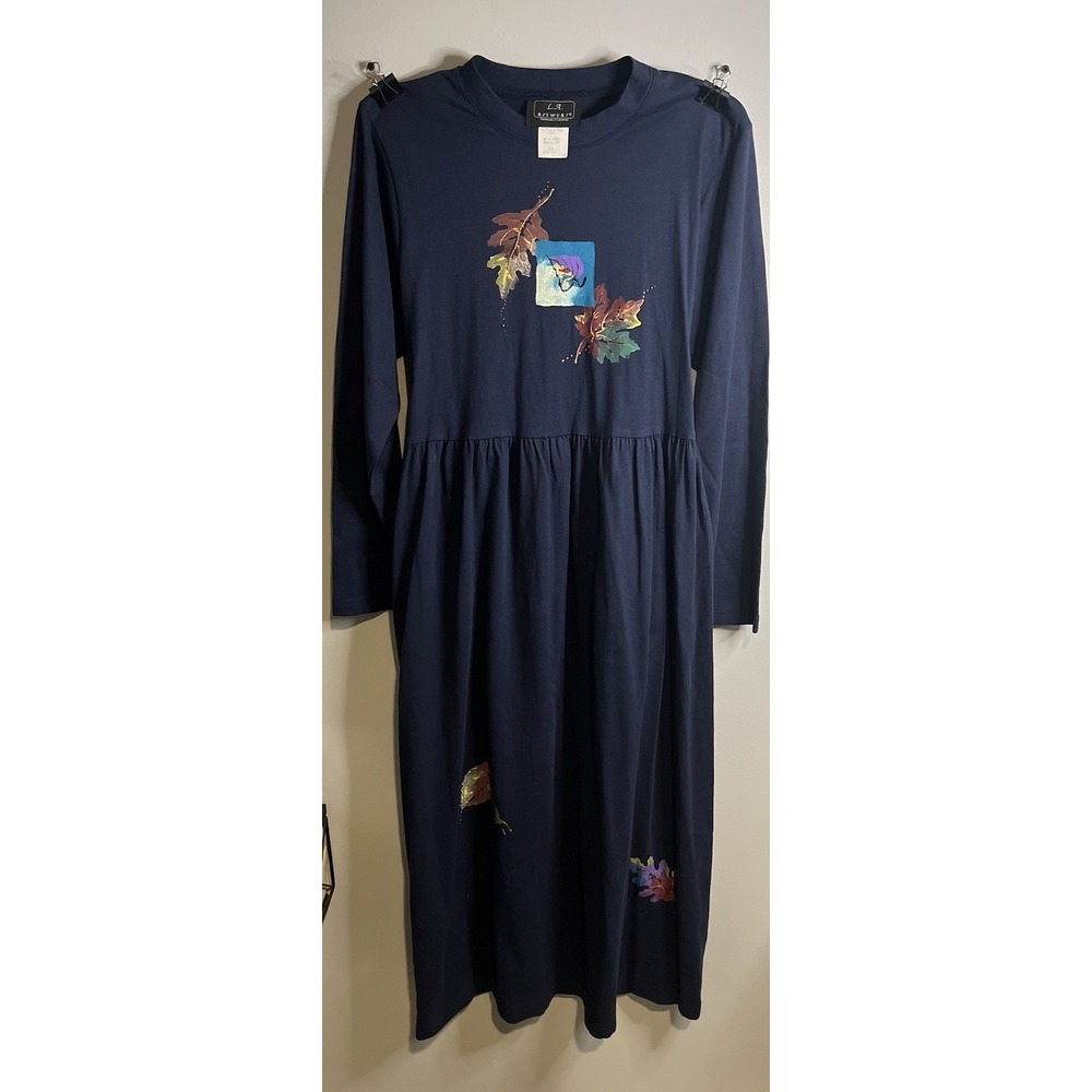LA Artwear Dress Med. Blue Cotton Hand Painted Leaves Art to Wear Boho Vintage